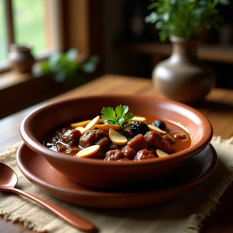 Plato hondo de barro con Tajuín de Res con Ciruelas Pasas, estofado peruano dulce-salado en olla lenta, carne tierna bañada en salsa espesa con ciruelas pasas, decorado con almendras tostadas y hierbas frescas.