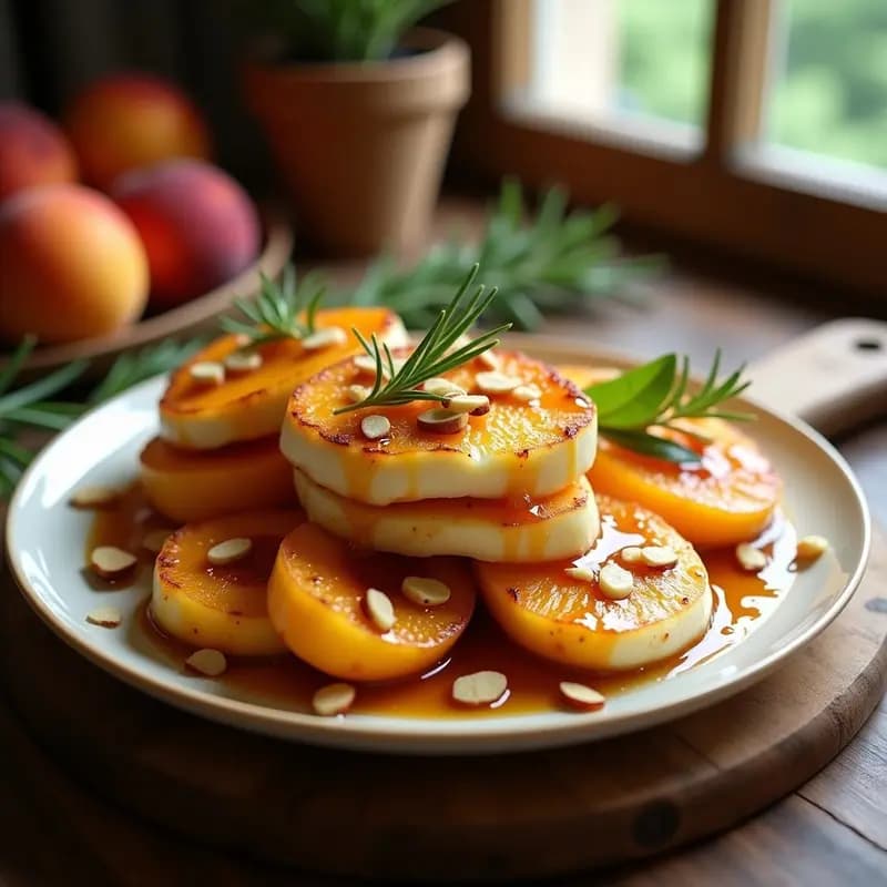 Takarta turca gourmet con capas de queso Halloumi crujiente dorado, gajos de melocotón caramelizado y salsa brillante de miel y romero, decorada con almendras fileteadas y hojas de romero sobre fondo rústico de madera.