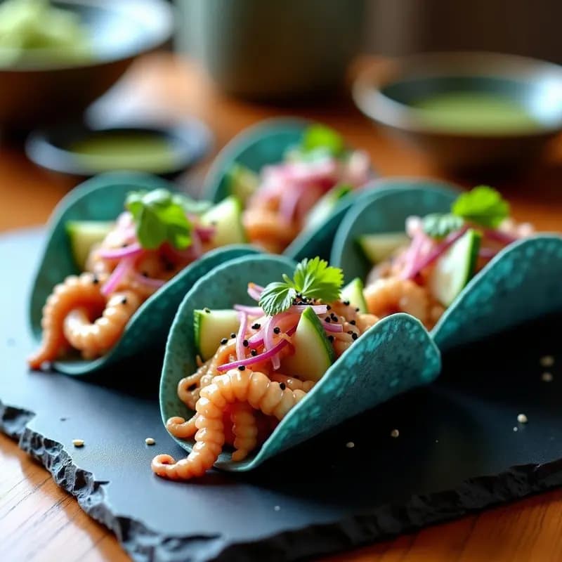Tacos japoneses Tako Wasabi con pulpo tierno salteado, salsa cremosa de wasabi y soja, cebolla morada, pepino y rábano daikon fresco, servidos en tortillas de maíz azules con semillas de sésamo negro y hojas de shiso.