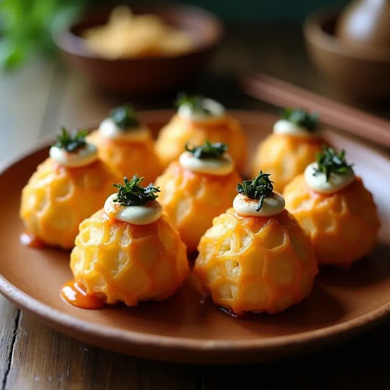 Takoyaki de coliflor y queso vegano dorados y crujientes, servidos en un plato de madera con salsa oscura y semillas de sésamo espolvoreadas. Aperitivo japonés sin gluten cocinado en airfryer.