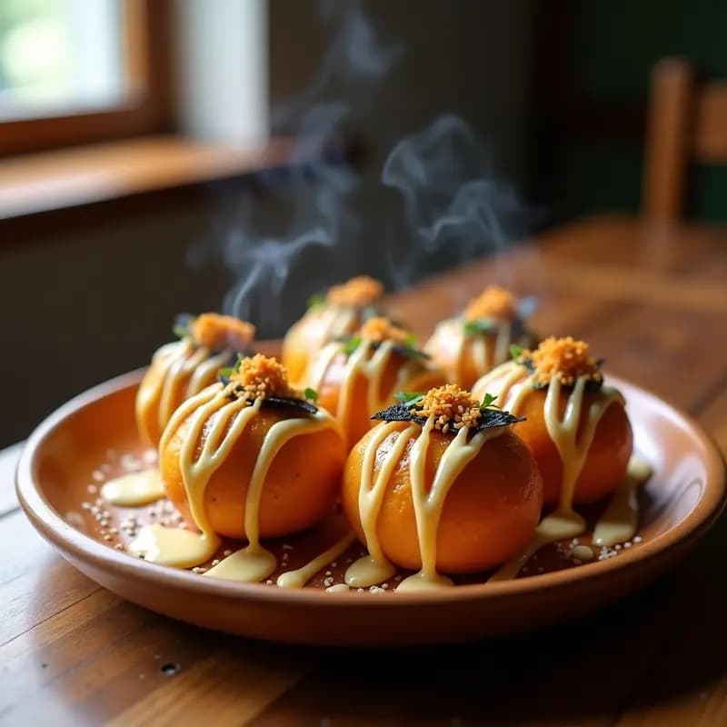 Plato de takoyaki japonés dorado en molde especial, relleno de pollo teriyaki y col morada, servido con salsa takoyaki, mayonesa japonesa, bonito en copos y algas nori.