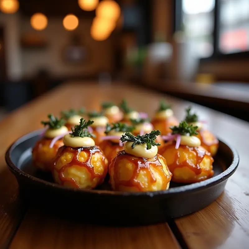 Plato de takoyaki japonés dorado y crujiente con relleno de pulpo y queso cheddar derretido, decorado con salsa takoyaki, mayonesa, bonito en hojuelas y algas nori, servido en sartén de hierro.