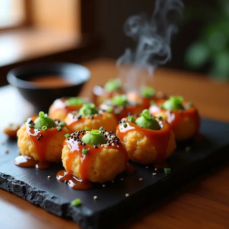 Takoyaki vegano dorado y crujiente en bandeja de madera, con corazón visible de edamame y bañado en salsa okonomiyaki espesa, decorado con cebollino picado y semillas de sésamo negro.