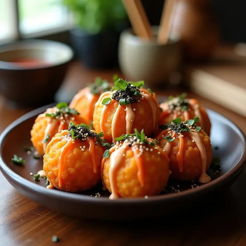 Bolitas doradas de takoyaki vegano de camote y hongos shitake en airfryer, servidas en un plato de madera con salsa takoyaki, mayonesa vegana, algas nori y semillas de sésamo, fondo borroso con utensilios de cocina japoneses.