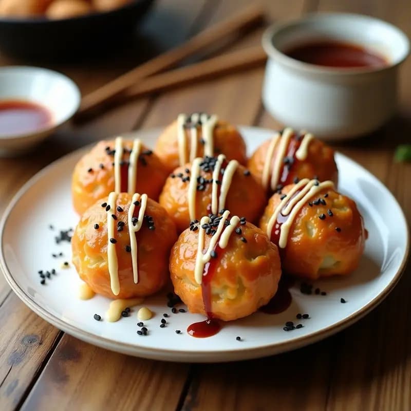 Plato blanco con takoyaki vegano dorado y crujiente, relleno de champiñones, bañado en salsa okonomiyaki brillante, mayonesa vegana, copos de nori y semillas de sésamo negro, servido con palillos japoneses.