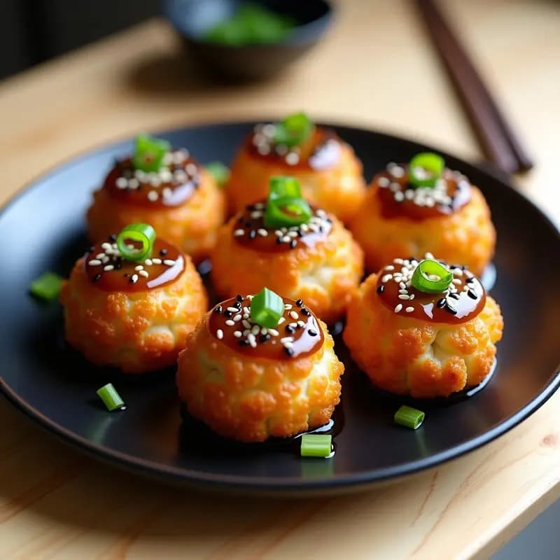 Takoyaki vegano de coliflor y champiñones con salsa teriyaki en molde para horno, dorados y crujientes, servidos en un plato de madera con semillas de sésamo y algas nori.