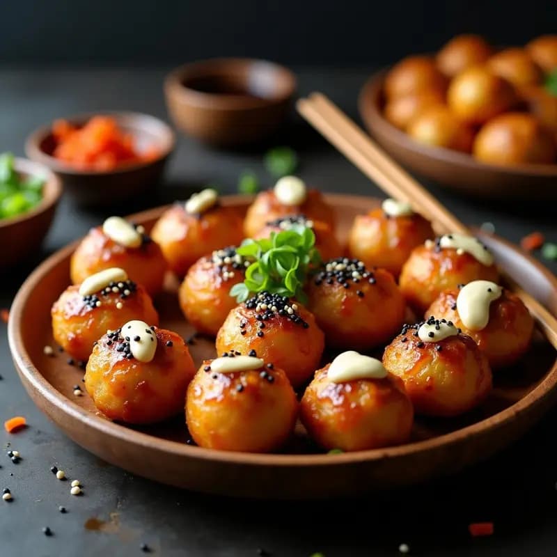 Plato de takoyaki vegano de garbanzos y kimchi, boules japonesas doradas y crujientes decoradas con mayonesa, sriracha, semillas de sésamo y alga nori, servidas en un plato de cerámica negra.