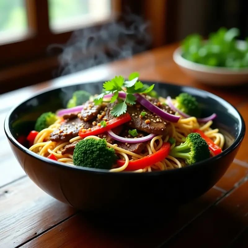 Plato hondo de cerámica negra con tallarin saltado de res y brócoli, fideos dorados mezclados con tiras de ternera jugosa, arbolitos de brócoli verde vibrante y trozos de cebolla morada y pimiento rojo. Decorado con semillas de sésamo y cilantro fresco, receta peruana-china fusion en wok.