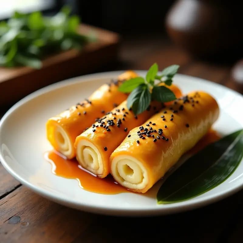 Rodajas de Tamagoyaki dulce en rollito con salsa teriyaki sin azúcar, decoradas con semillas de sésamo negro y alga nori, servidas en un plato de cerámica blanca con fondo de madera rústica.