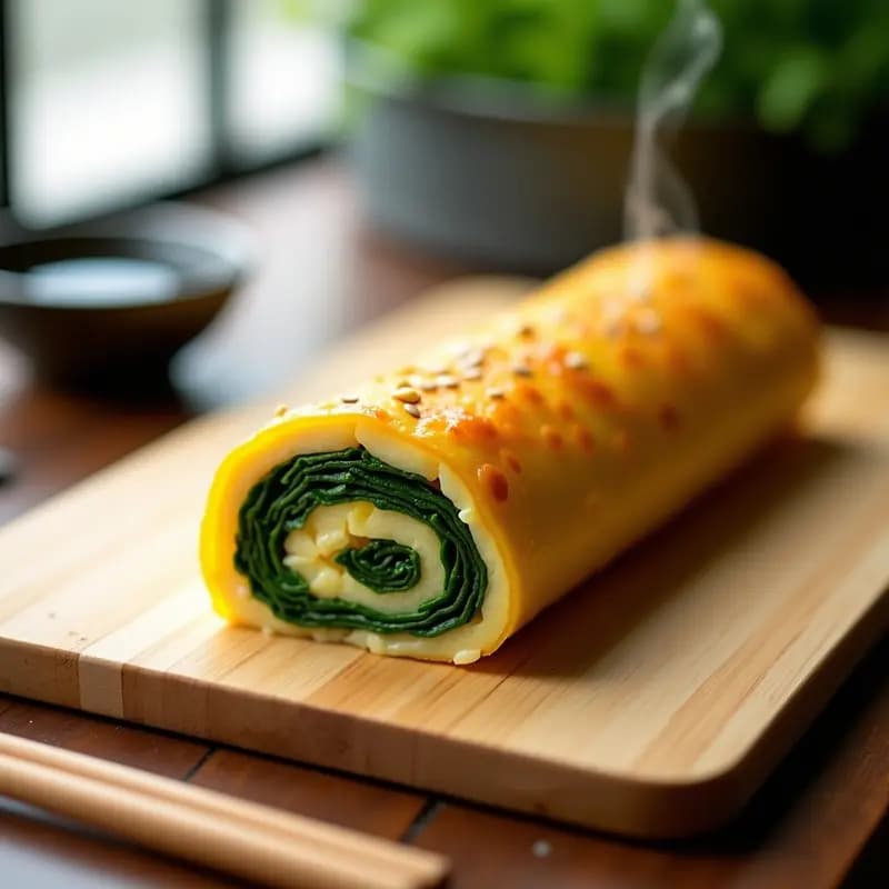 Rollitos de tamagoyaki japonés con espinacas, cortados en porciones uniformes, mostrando capas doradas y verdes. Servidos sobre una tabla de madera con semillas de sésamo espolvoreadas, ideal para bento.