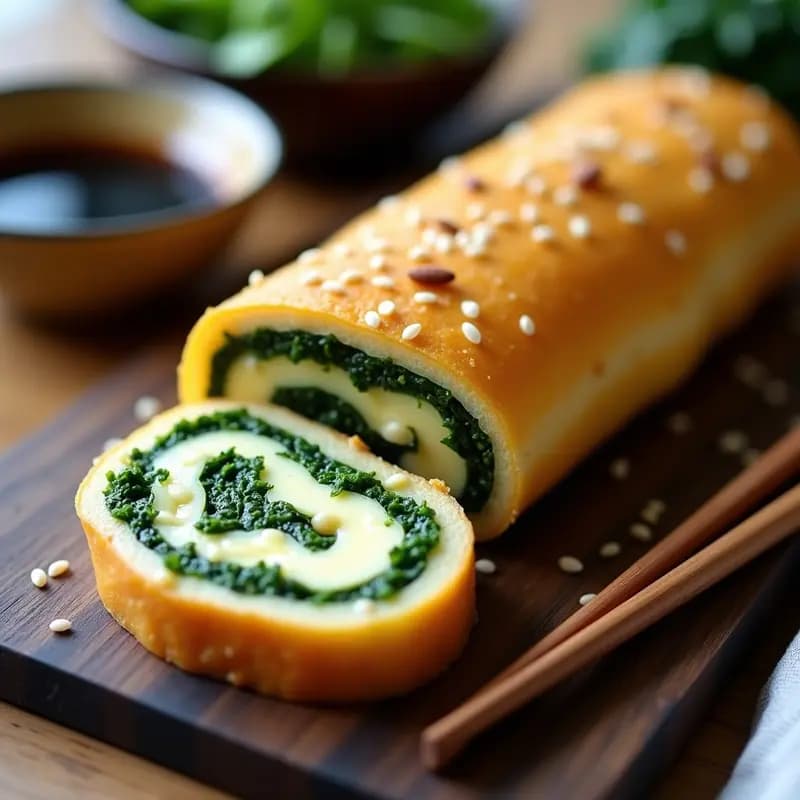 Tamagoyaki vegano en rollito con capas de espinacas y queso de almendras, cortado en porciones sobre una tabla de madera oscura, espolvoreado con semillas de sésamo negro y acompañado de un bol pequeño de salsa de soja.