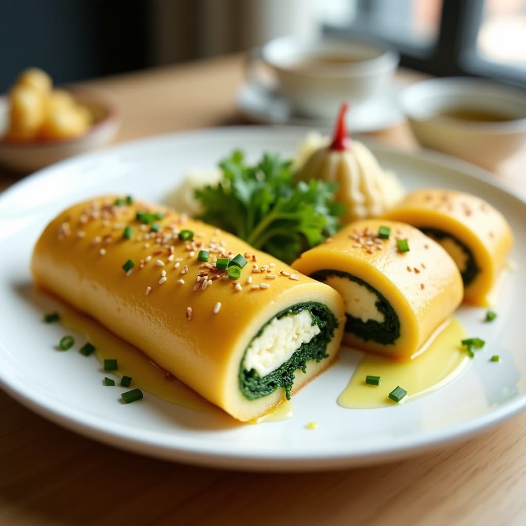 Tamagoyaki japonés en rodajas sobre un plato de cerámica blanca, mostrando capas de huevo dorado con relleno verde de espinacas y queso Philadelphia cremoso, decorado con cebollino picado y un hilo de aceite de sésamo.