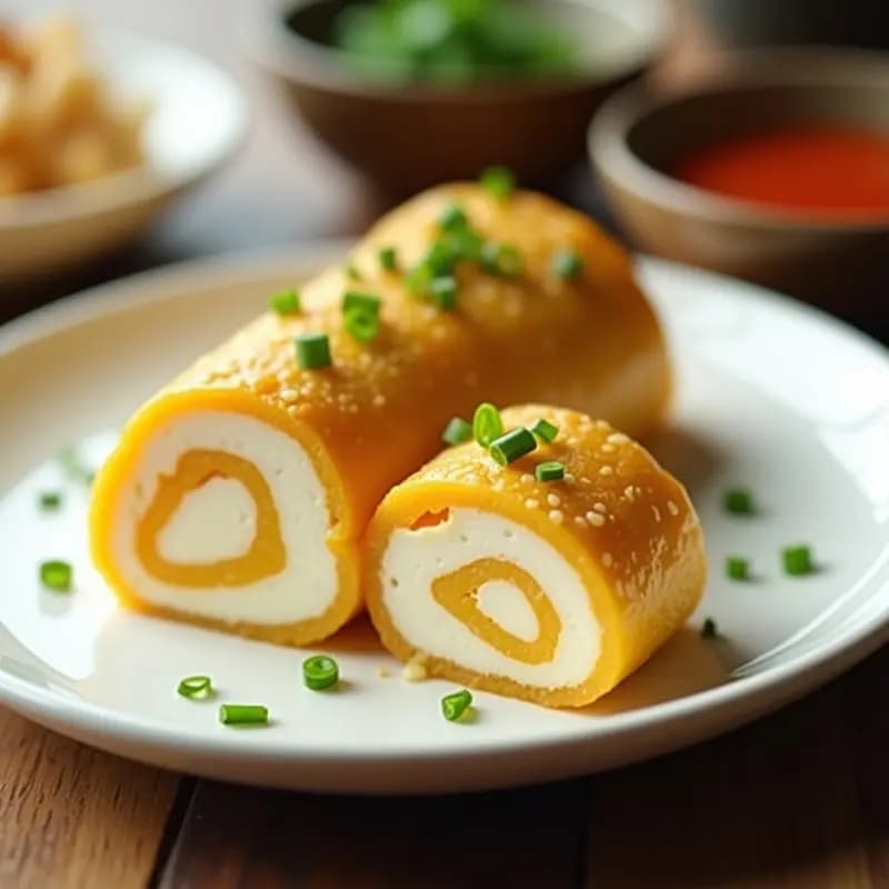 Tamagoyaki japonés en rollito cortado en porciones, mostrando capas doradas y cremosas con vetas de queso cream cheese fundido. Decorado con cebollino fresco picado sobre un plato de cerámica blanca, con un fondo minimalista.