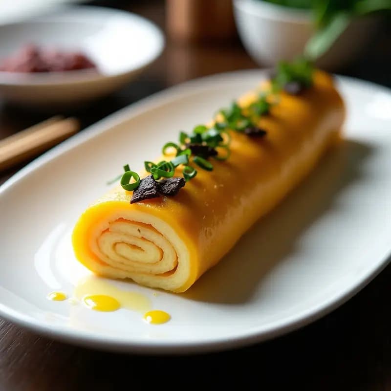 Tamagoyaki gourmet cortado en trozos sobre plato blanco, con láminas de trufa negra y ciboulette fresca, tortilla japonesa enrollada en capas doradas y esponjosas.