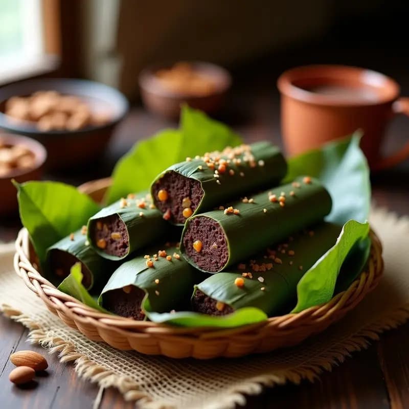 Tamales de chocolate y guindilla envueltos en hojas de plátano, abiertos para mostrar su interior esponjoso y oscuro con trozos de almendras y pasas. Postre mexicano dulce y picante servido en una canasta de mimbre sobre un mantel rústico.