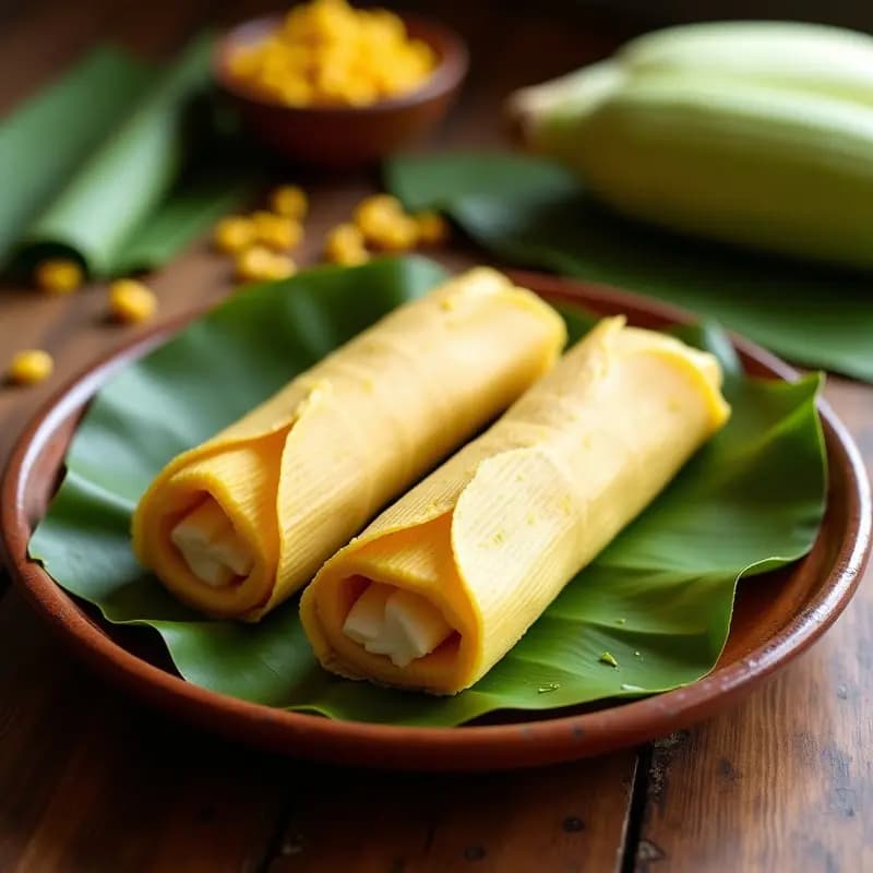 Tamales de elote y queso de almendra veganos, envueltos en hojas de plátano verdes, servidos en un plato de barro con fondo de hoja de plátano abiertas. Receta mexicana tradicional sin manteca.