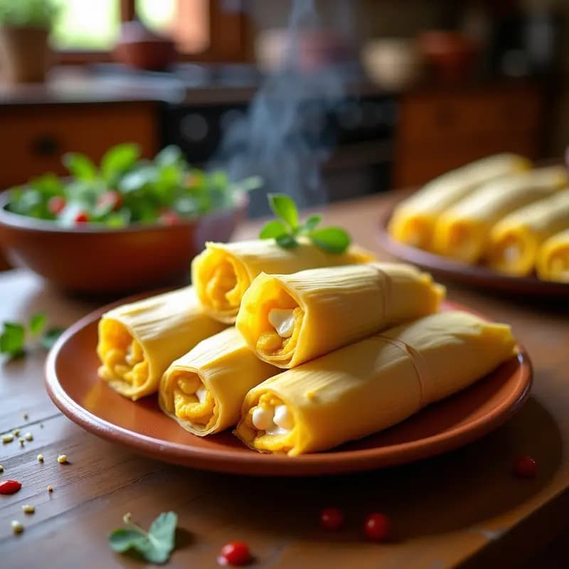 Tamales de elote y queso crema servidos en una canasta de mimbre, con hojas de maíz parcialmente abiertas, mostrando su textura esponjosa y dorada, acompañados de una taza de café humeante sobre una mesa de madera rústica, receta mexicana dulce y salada para desayuno.