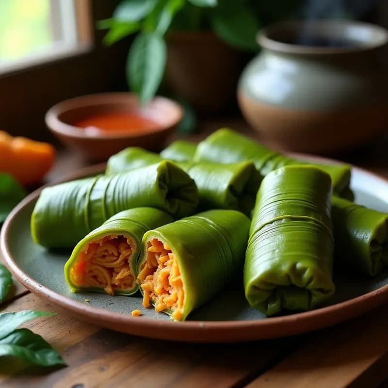 Tamales colombianos envueltos en hoja de bijao, abiertos para mostrar la masa amarilla y el relleno de pollo en adobo dorado, servidos en un plato de barro rústico con ají al lado.