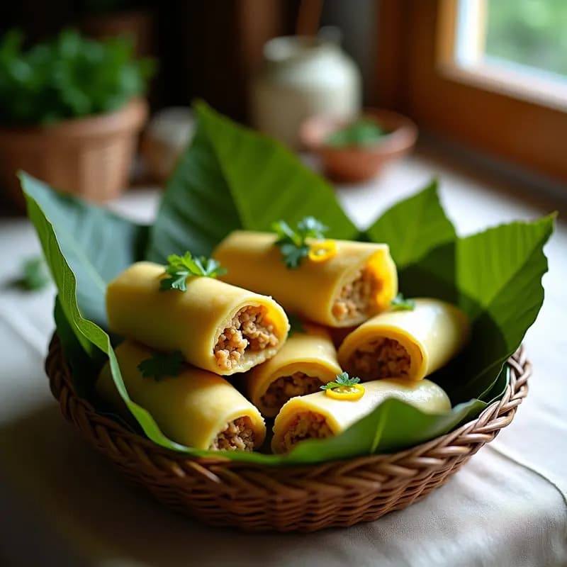 Tamales colombianos veganos de masa de yuca y hongos ostra envueltos en hoja de bijao, servidos en una canasta de mimbre sobre un mantel rústico de lino. La hoja de bijao se abre ligeramente para mostrar el relleno jugoso y la masa amarilla pálida, acompañados de cilantro fresco y rodajas de ají amarillo.
