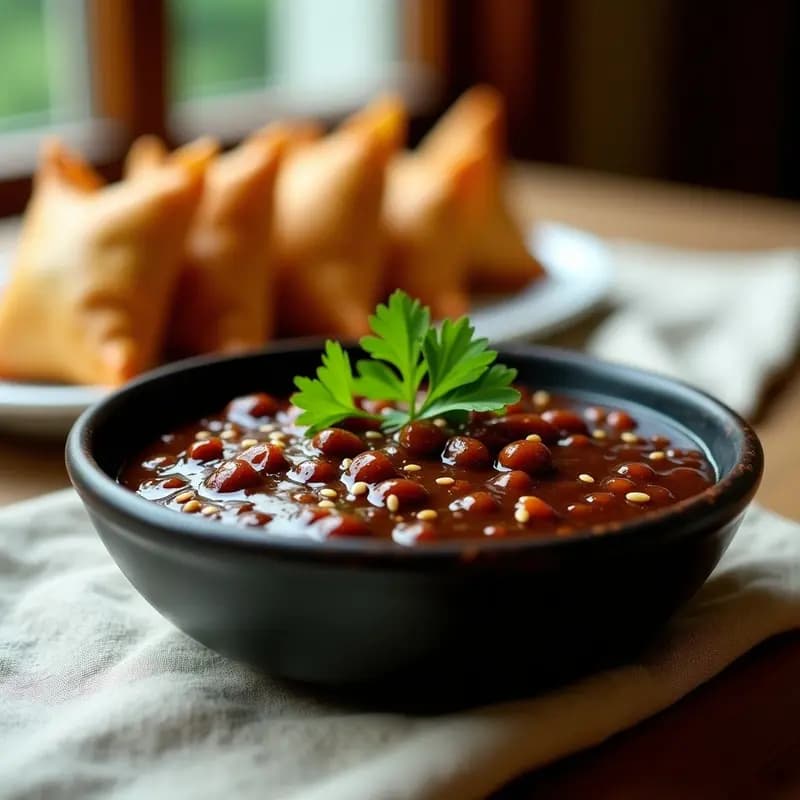 Cuenco de cerámica negra con Tamarind Chutney con Dátiles y Jengibre, de color marrón oscuro y textura brillante, decorado con hojas de cilantro fresco y semillas de mostaza. Acompañado de samosas doradas y crujientes en un plato de madera.