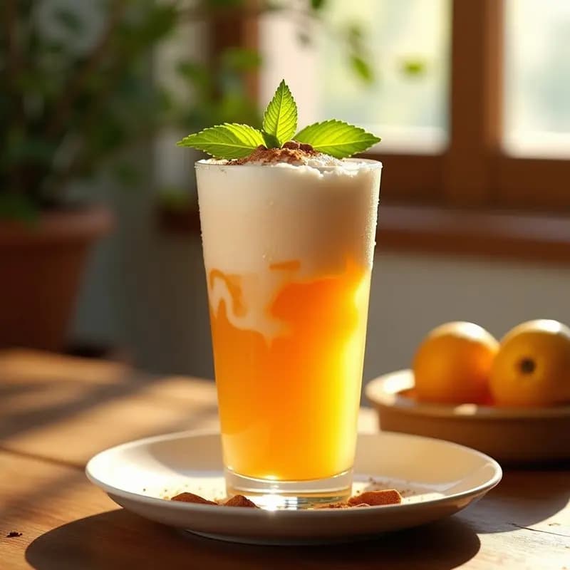 Vaso alto transparente con Tamarindo Frappé griego, bebida helada de color beige cremoso con espuma, decorado con hojas de menta fresca y canela espolvoreada, sobre una mesa de madera con fondo borroso de terraza veraniega.
