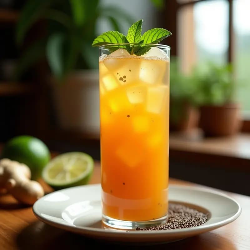 Vaso alto transparente con bebida de tamarindo y jengibre con gas, de color ámbar dorado, coronado con hielo transparente y hojas de hierbabuena fresca. Burbujas visibles en el líquido y fondo desenfocado con limones verdes y jengibre rallado.