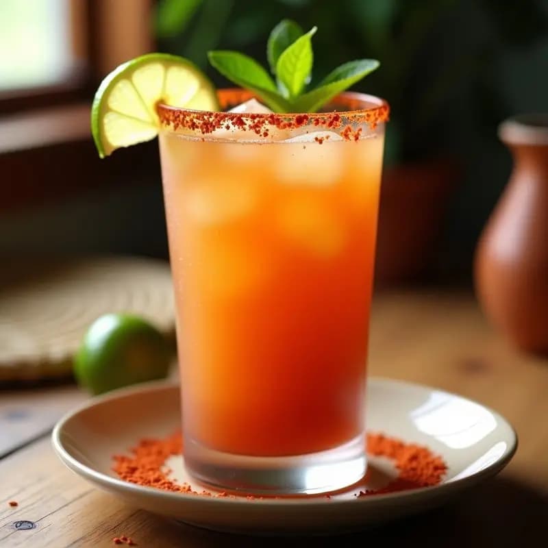 Vaso de margarita con borde escarchado de sal y chile en polvo, lleno de una bebida dorada y efervescente de tamarindo, decorado con rodaja de limón y hoja de hierbabuena sobre una mesa rústica de madera con luz natural.