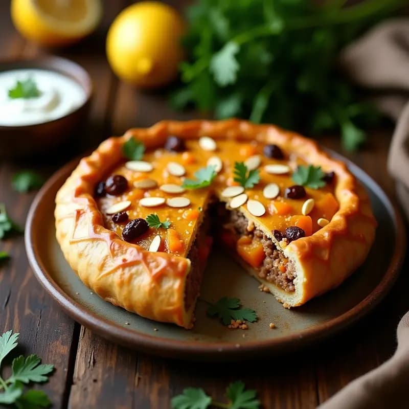Pastel salado dorado y crujiente tipo T amet Turkmenó, relleno de calabaza asada y cordero, servido en plato de barro con hierbas frescas y rodajas de limón al lado.