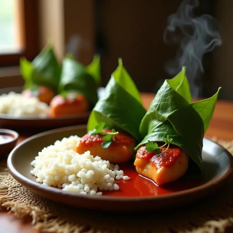 Tamtún de pollo envuelto en hoja de bijao, con un tono dorado del achiote, servido en plato de barro rústico con salsa habanera al lado.
