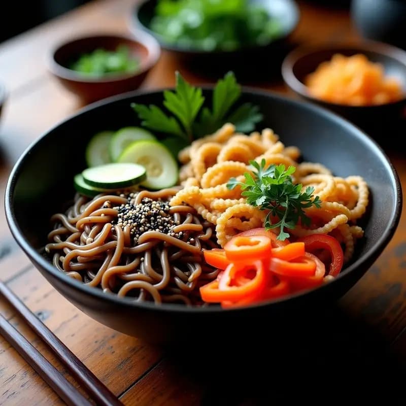 Plato hondo de cerámica negra con fideos soba de trigo sarraceno, tempura de calabacín, berenjena y pimiento rojo dorado, bañados en salsa de miso blanco y jengibre. Decorado con semillas de sésamo negro y cebollino picado. Receta Tanabe Soba vegana y sin gluten.