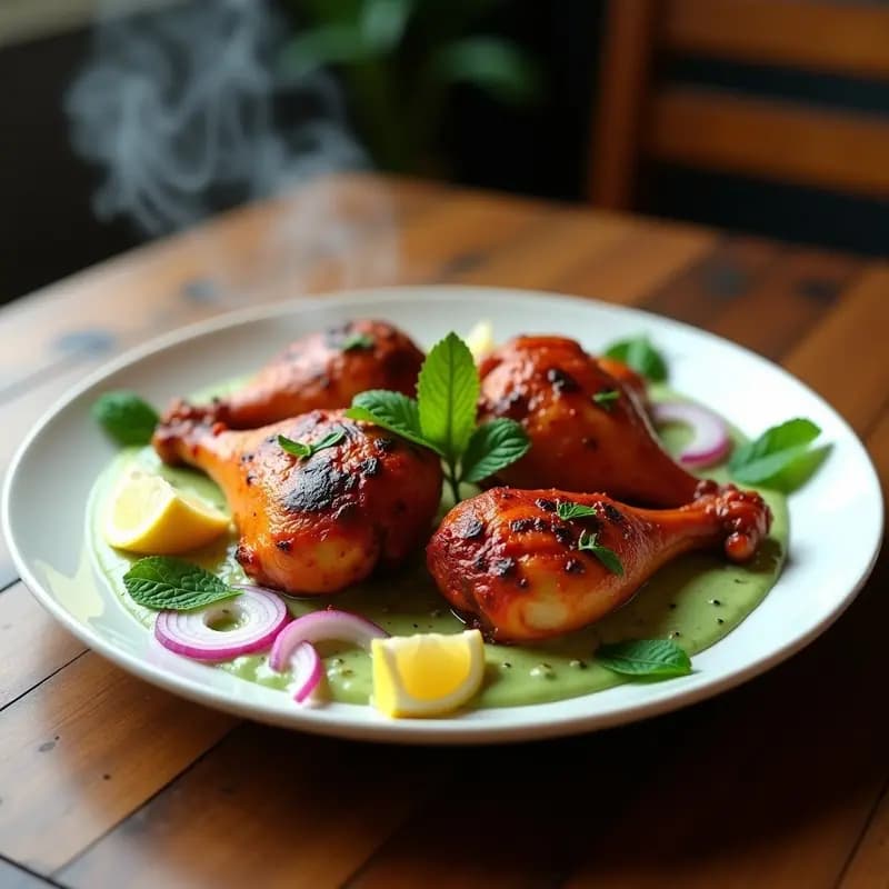 Brochetas de Tandoori Chicken indio doradas al horno, con vetas rojizas de especias, servidas en plato de barro con salsa verde de mentas y rodajas de limón al lado.