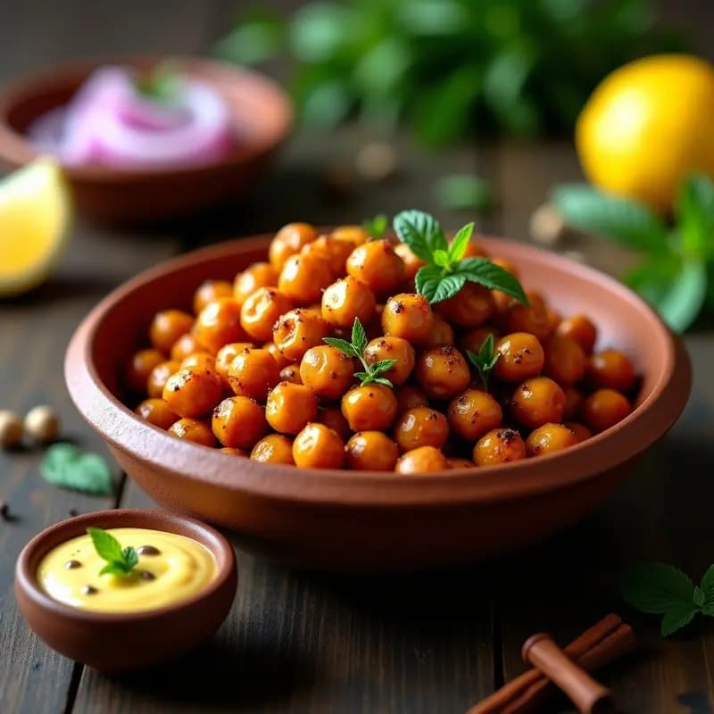 Plato de cerámica blanca con garbanzos al horno tandoori dorados y especiados, acompañados de salsa cremosa de yogur y menta fresca, decorados con cilantro. Receta india vegana en Thermomix.