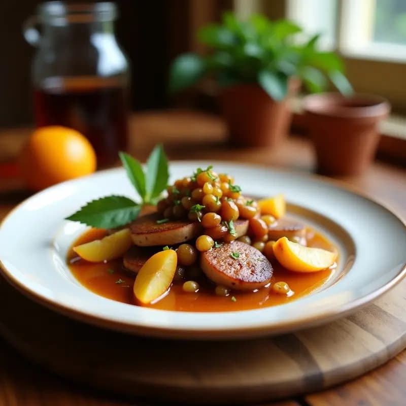 Tapa vasca dulce-salada con rodaja de morcilla de cebolla dorada, cebolla caramelizada brillante y cubos de manzana Golden sobre pan integral tostado, presentada en plato rústico de barro.