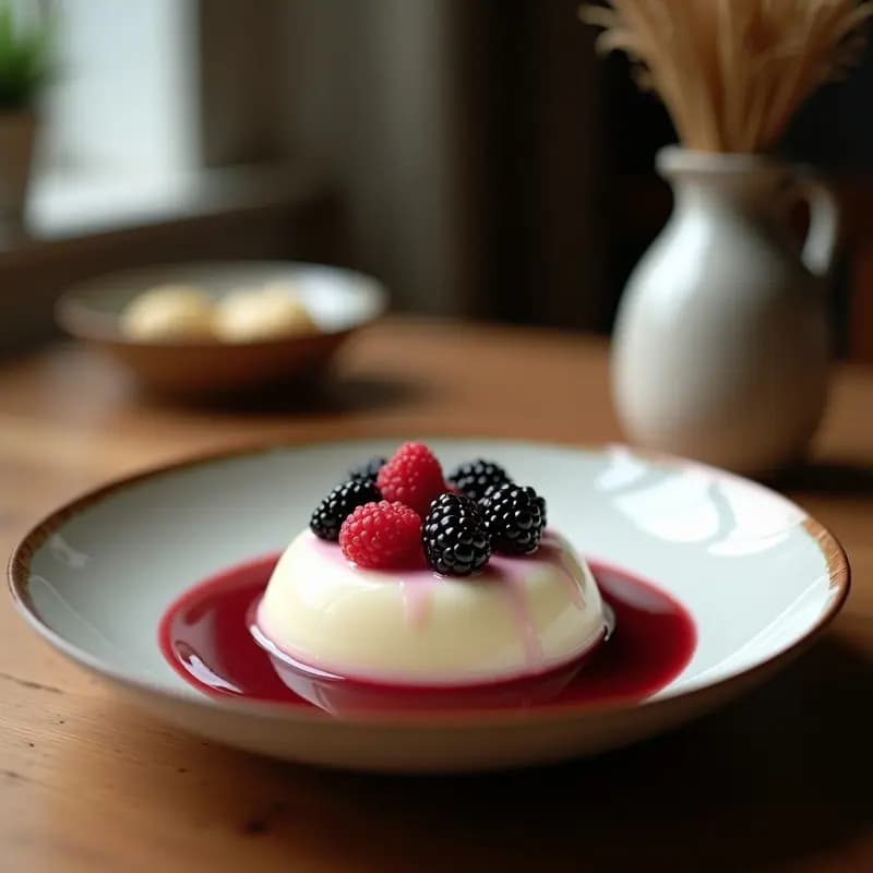 Plato hondo de cerámica blanca con tapioca de mandioca cremosa y esponjosa, bañada en leche de coco, decorada con frutos del bosque frescos (arándanos, frambuesas y moras) y una rama de canela al lado. Fondo rústico con textura de madera.
