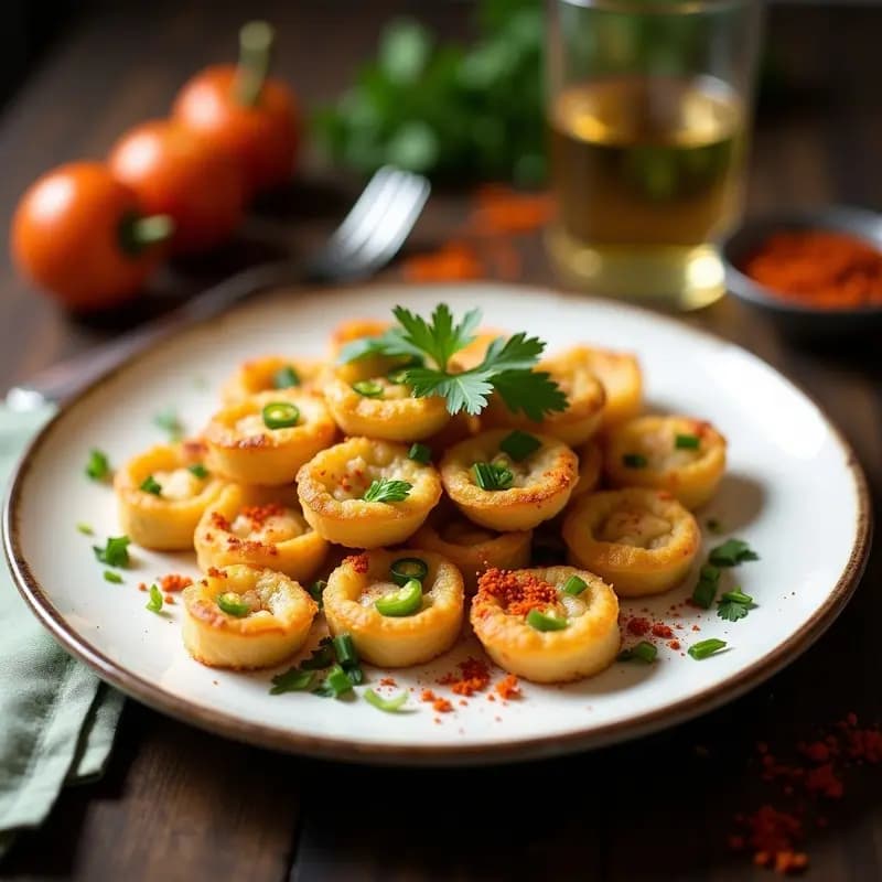 Plato blanco con tapitas gallegas doradas y crujientes, rellenas de bacalao y pimientos verdes, acompañadas de perejil fresco y pimentón espolvoreado.