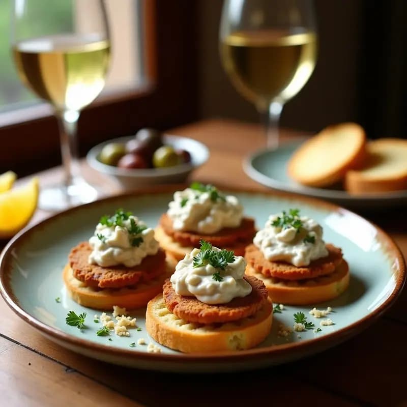 Taponas de lomo con almejas andaluzas servidas en plato rústico de barro, con filetes de lomo dorado sobre pan redondo, cubiertos de almejas en salsa blanca con perejil, acompañadas de gajos de limón y almejas en concha.