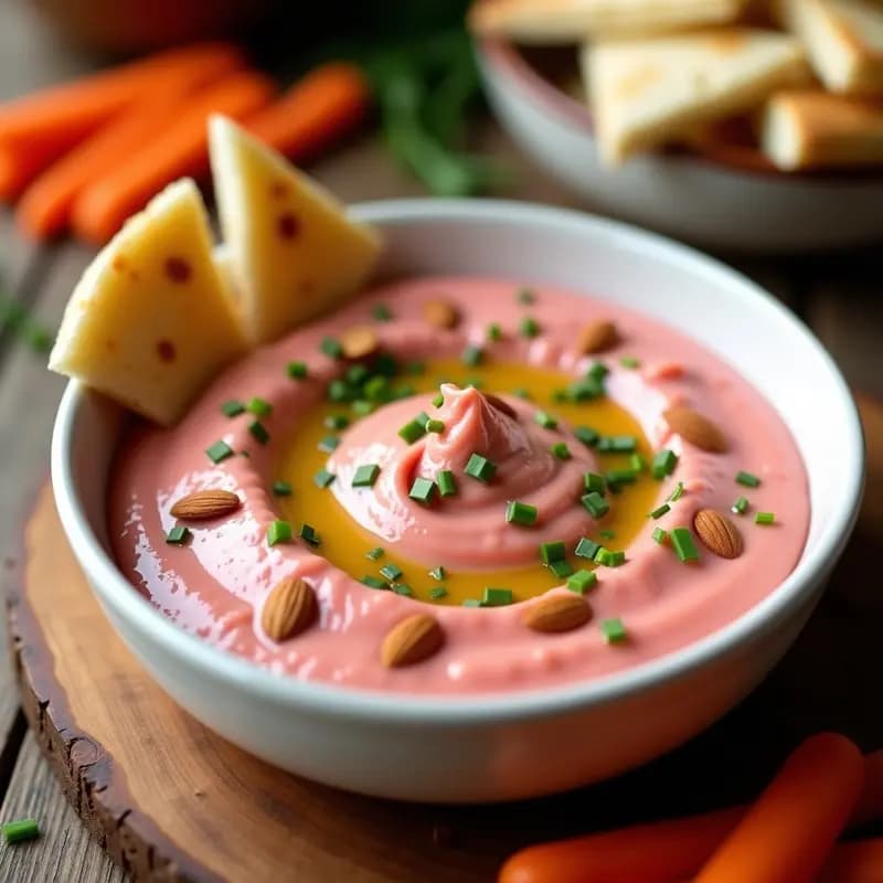 Bol de cerámica blanca con taramosalata de remolacha y almendras, dip griego vegano de color rosado intenso, decorado con almendras fileteadas, pimentón ahumado y un hilo de aceite de oliva. Acompañado de pan de pita tostado y bastones de zanahoria y apio sobre una tabla de madera rústica.