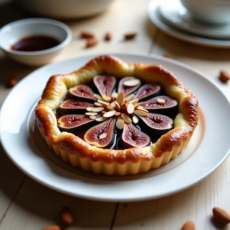 Tarta de almendra y higo negro con caramelo de vinagre balsámico servida en plato blanco, decorada con almendras fileteadas y bañada en caramelo brillante.
