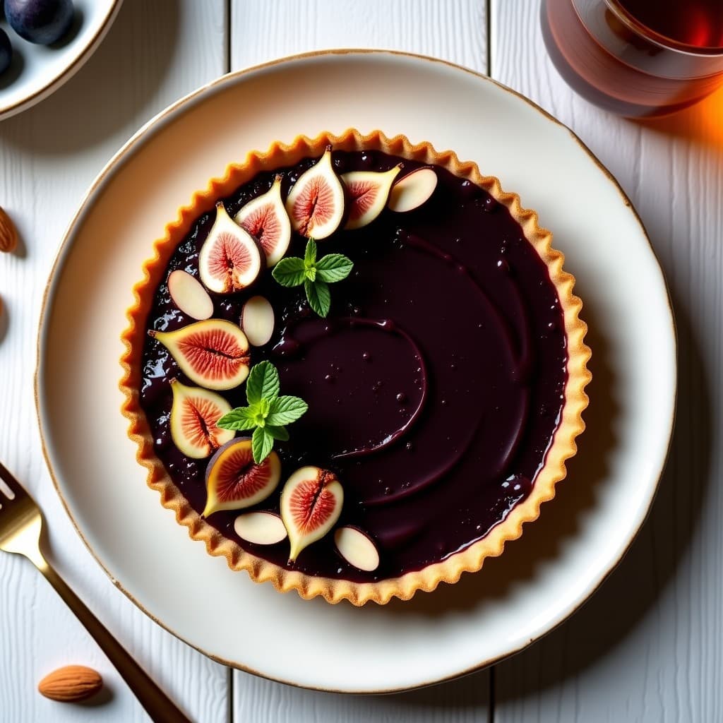 Tarta vegana de almendras y higo negro sin horno, con base dorada de almendras tostadas y cremoso relleno oscuro de higo, decorada con almendras fileteadas sobre un plato de cerámica blanca.