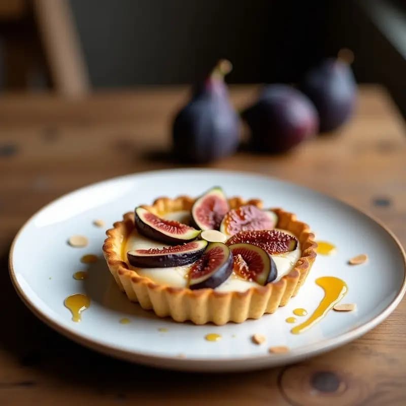 Tarta francesa sin harina de almendras con base dorada crujiente, relleno cremoso de anacardos y higos frescos caramelizados con miel de agave. Decorada con almendras fileteadas tostadas y un hilo de miel dorada sobre un plato de porcelana blanca.