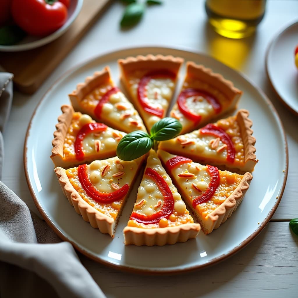 Tarta de atún y pimientos asados con masa de almendra keto, horneada en molde redondo, con superficie dorada y queso fundido, servida en plato blanco rústico con hoja de albahaca fresca.