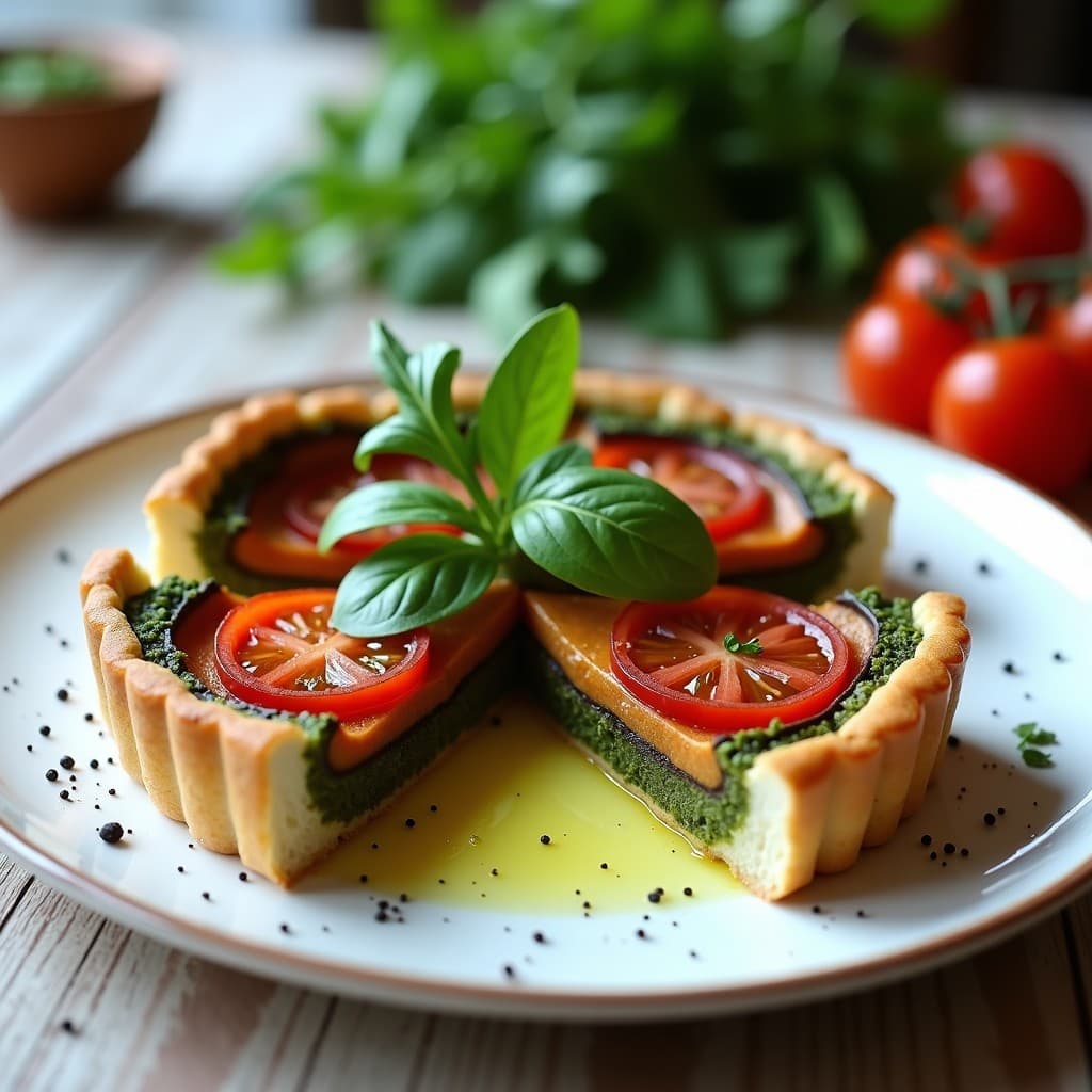 Tarta vegana italiana sin horno con capas de berenjena asada, tomates secos y pesto de rúcula verde intenso, servida en molde de metal sobre tabla de madera rústica con aceite de oliva brillante.