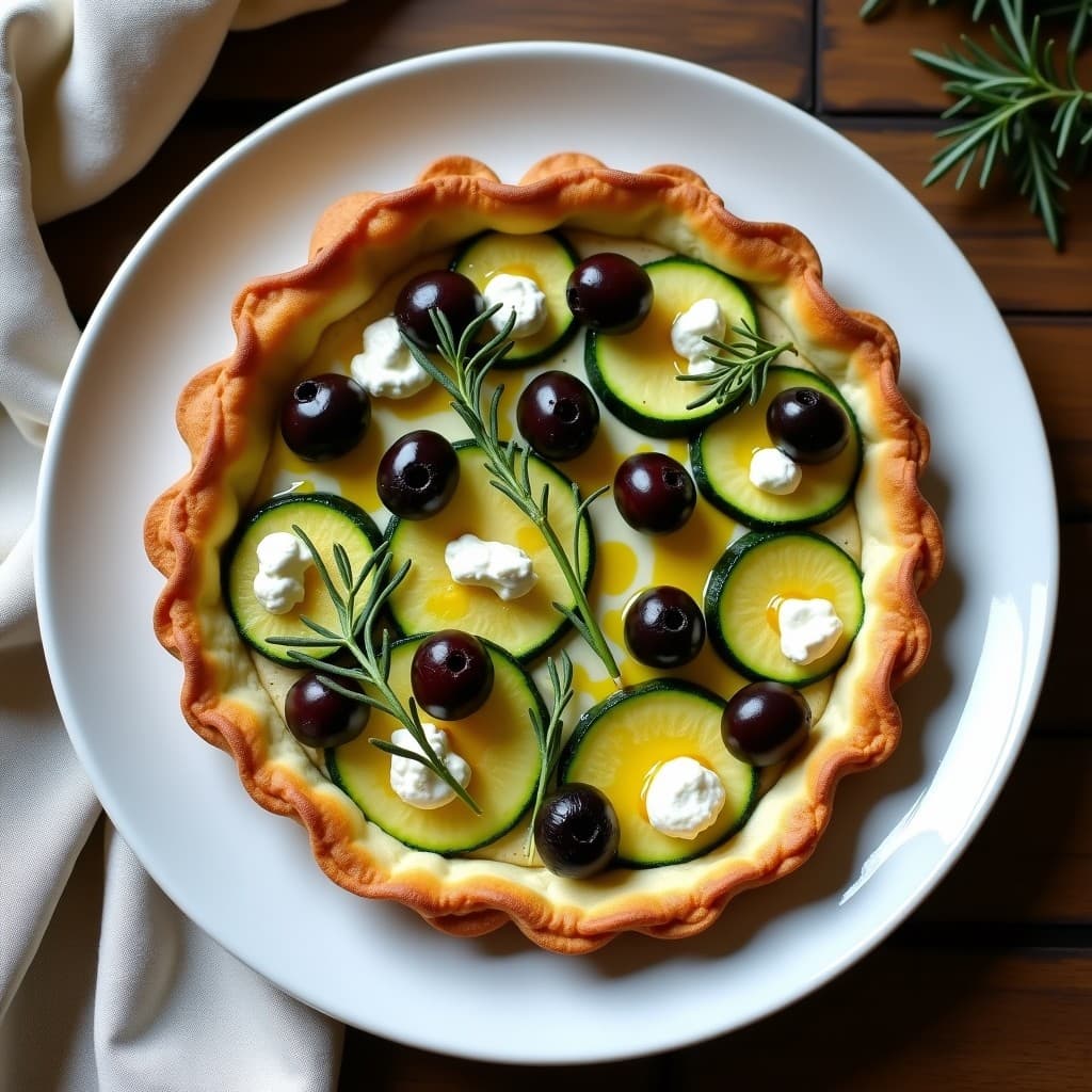 Tarta dorada de calabacín y aceitunas kalamata con base crujiente de almendra, servida en plato blanco con decoración de aceitunas y hierbas frescas. Receta keto en airfryer.