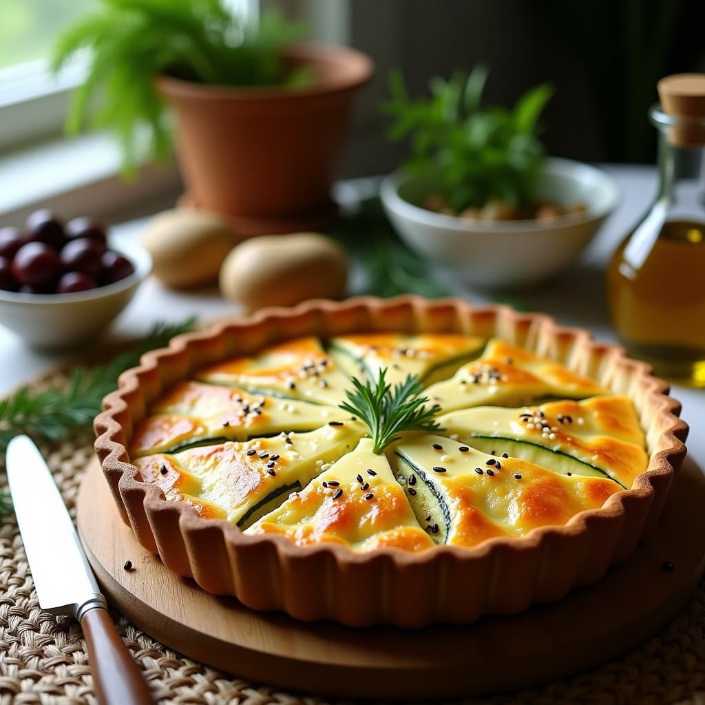 Tarta dorada de calabacín y queso feta sin masa, con capas visibles de calabacín y semillas de sésamo tostadas, servida en molde de horno sobre fondo rústico de madera. Receta griega baja en carbohidratos.
