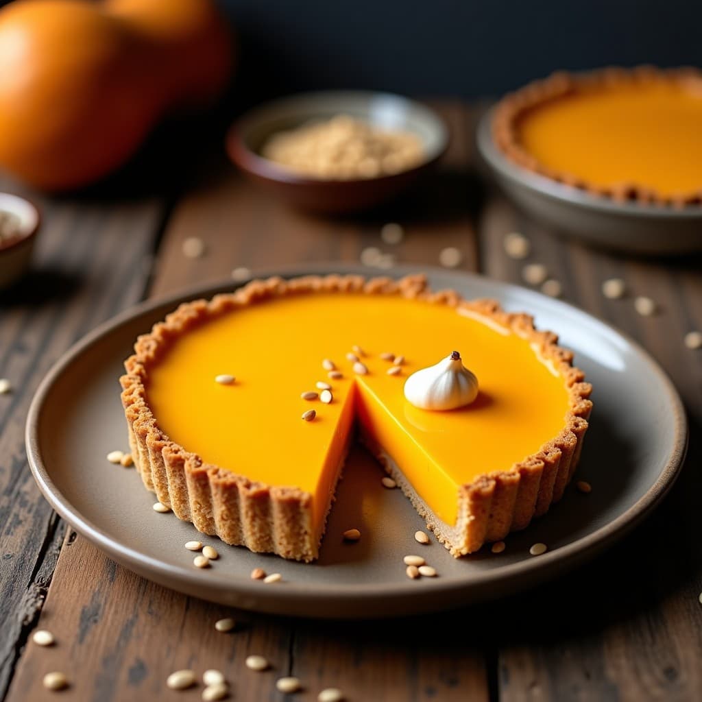 Tarta vegana japonesa de calabaza butternut y miso blanco con base de anacardos, decorada con semillas de sésamo tostadas, servida en molde desmontable sobre fondo rústico.