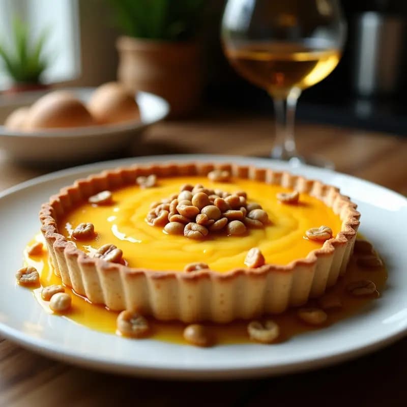 Tarta dorada de Camembert y miel con nueces caramelizadas sobre base crujiente, servida en plato de cerámica blanca con ensalada verde.