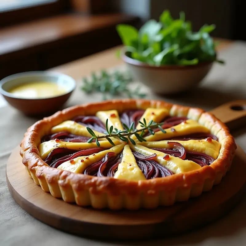 Tarta dorada de cebolla caramelizada y queso Idiazábal en molde redondo, con capas visibles de cebolla morada y queso gratinado, servida sobre tabla de madera rústica.