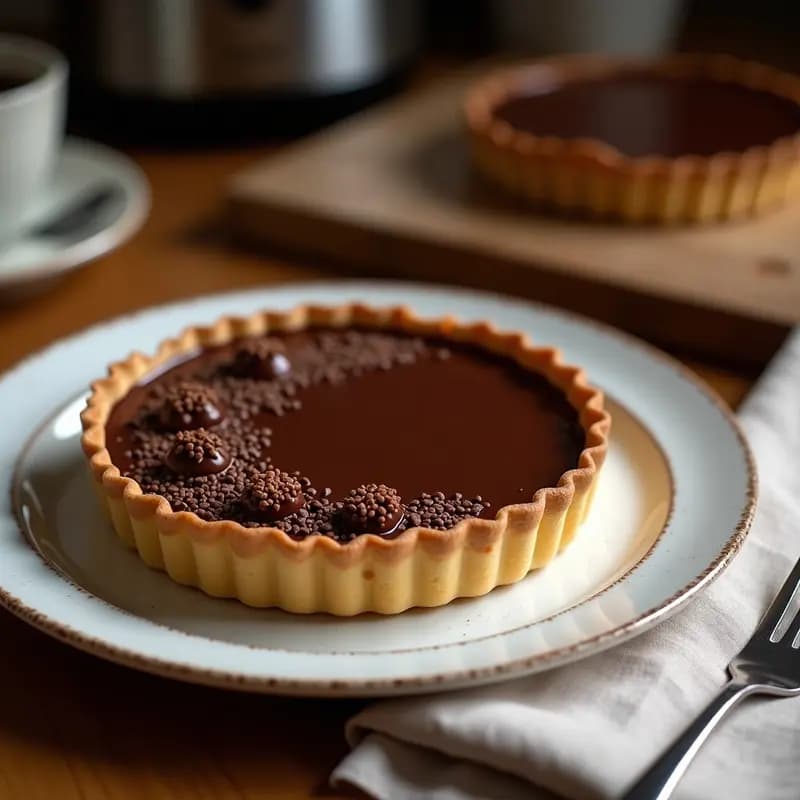Tarta de chocolate y avellana sin horno servida en plato blanco, con base crujiente de avellanas y relleno cremoso de chocolate negro, decorada con virutas de avellana y cacao en polvo.
