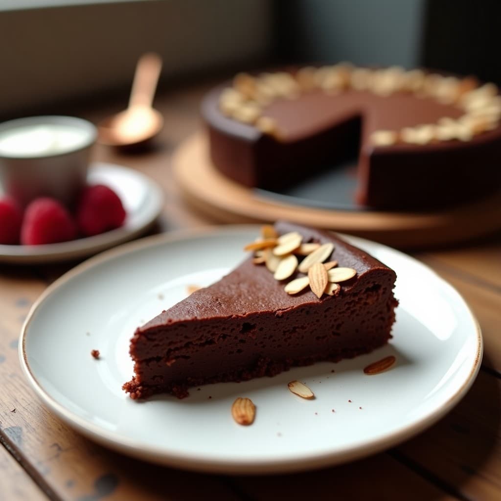 Tarta de chocolate y batata vegana sin harina, ultra esponjosa, con superficie dorada y almendras fileteadas, servida en plato blanco sobre fondo rústico.