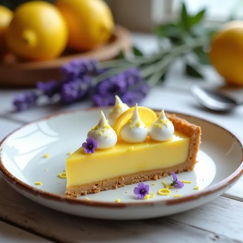 Tarta de limón y lavanda sin gluten con base dorada de harina de avellana y coco, rellena de crema sedosa de color amarillo pálido, decorada con flores de lavanda fresca y ralladura de limón sobre un plato blanco rústico.